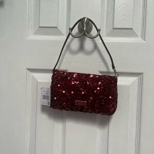 Kate Spade NY Kiki Sequin Fabric Convertible Bag Purse Wristlet Deep Berry NWT